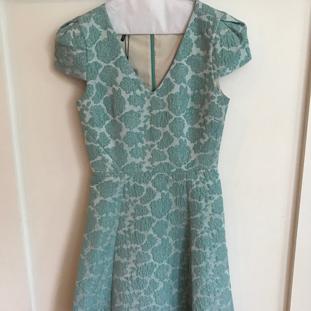 NWT Tibi Shiny Blue Flower Cap Sleeve Dress